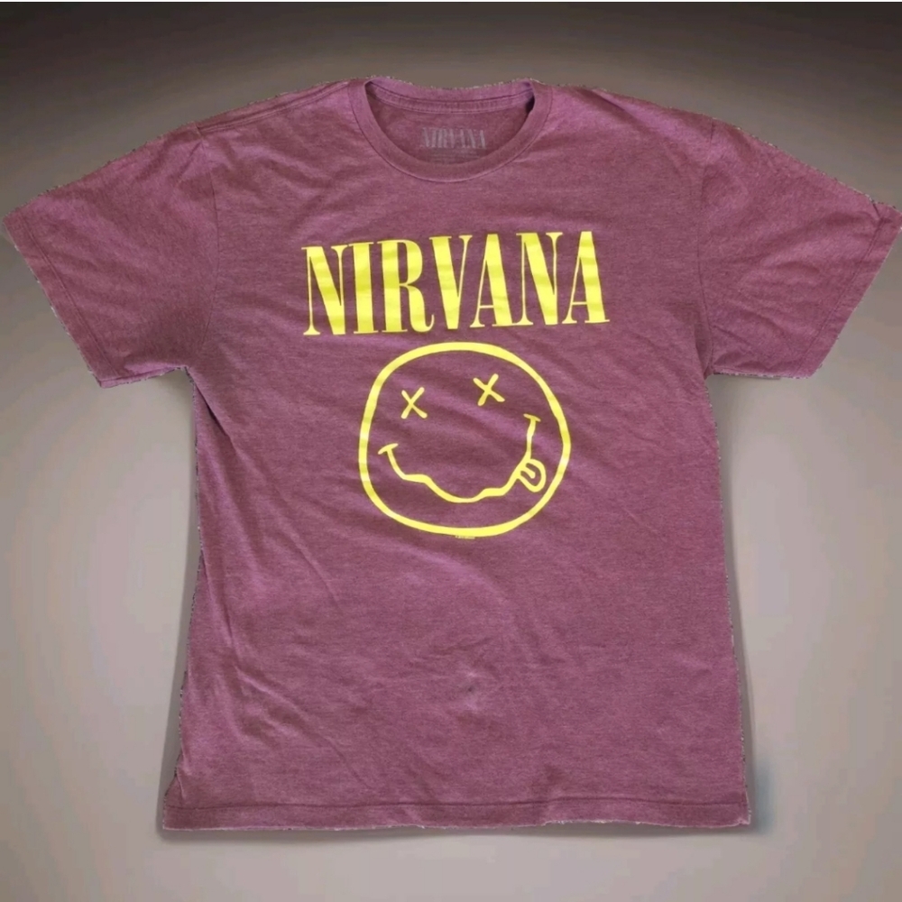 Nirvana 2019 Smiling Faces Mens Maroon Shirt With Graphic Size Large